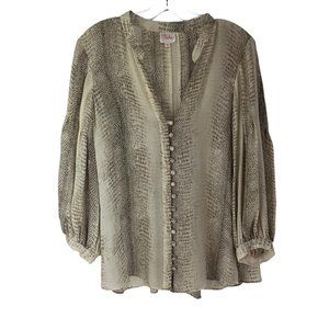 Parker Cream Tan Snakeskin Print V-Neck Button Front 100% Silk Blouse X-Small XS